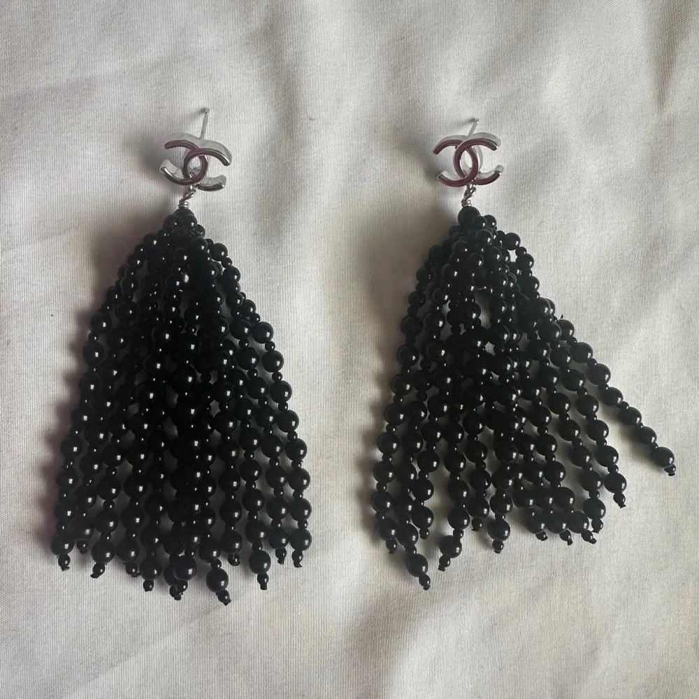 CHANEL Silver CC Black Beaded Tassel Drop Earrings